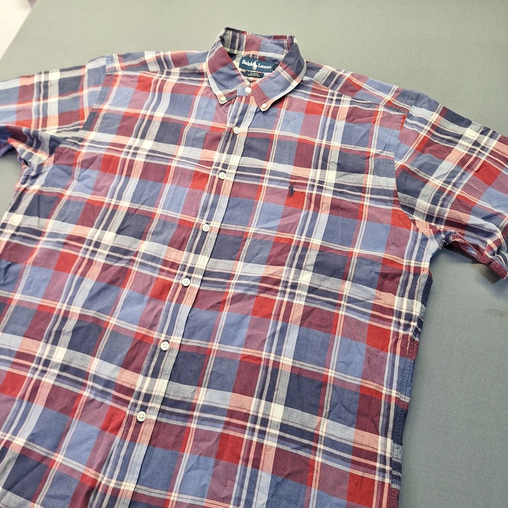 Ralph Lauren Blake Mens L Red Blue Plaid Cotton Short Sleeve Button Down Shirt